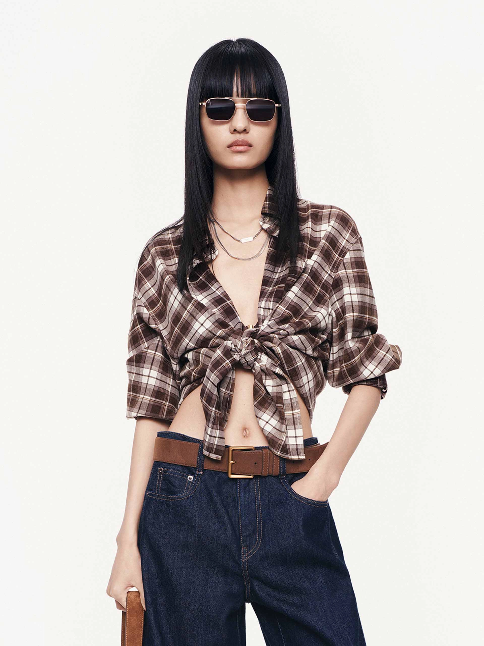 Long Sleeves Plaid Shirt Geometric Pattern Neutral Shade