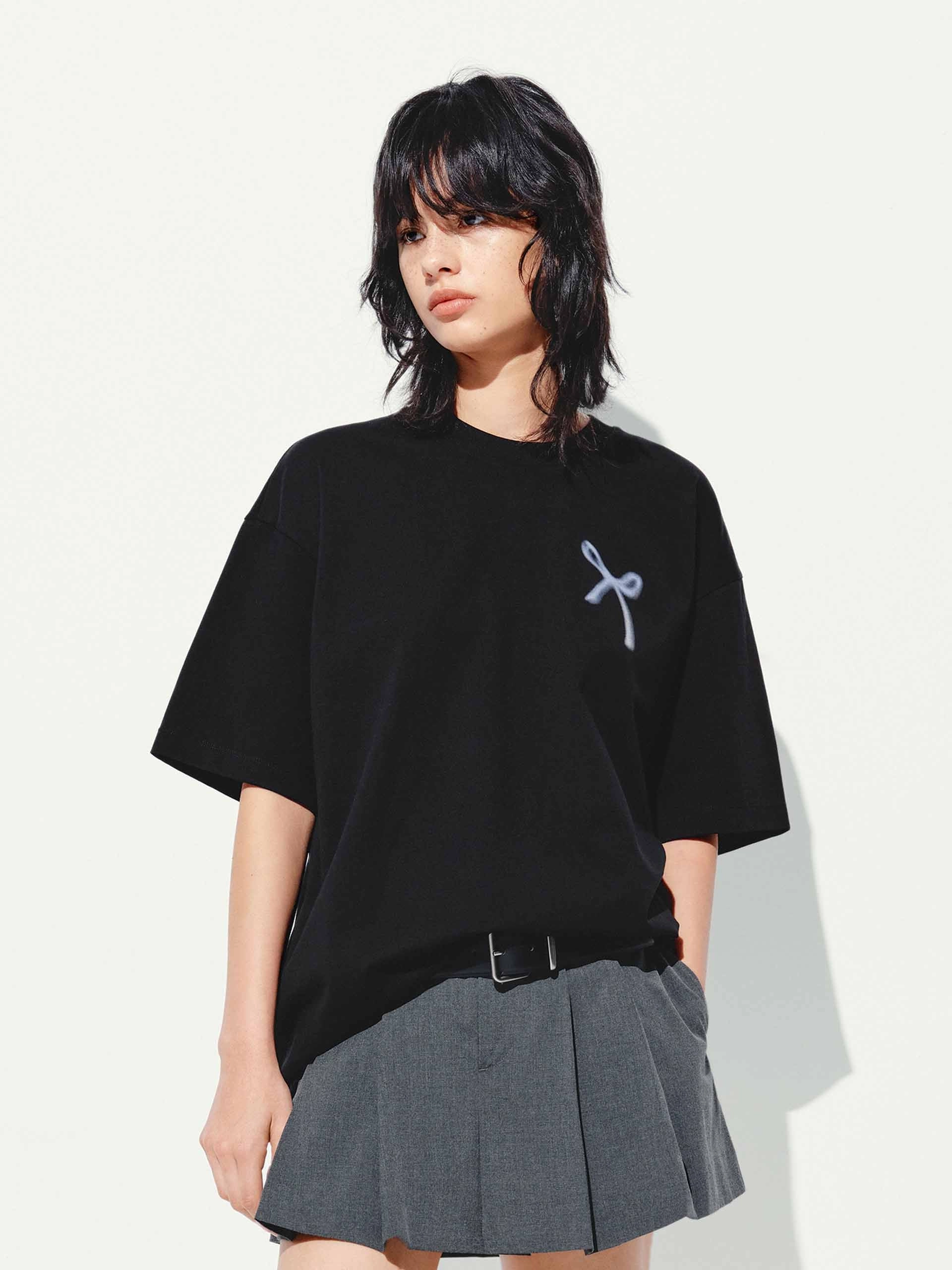 Solid Color Bow Print Short Sleeves T-shirt