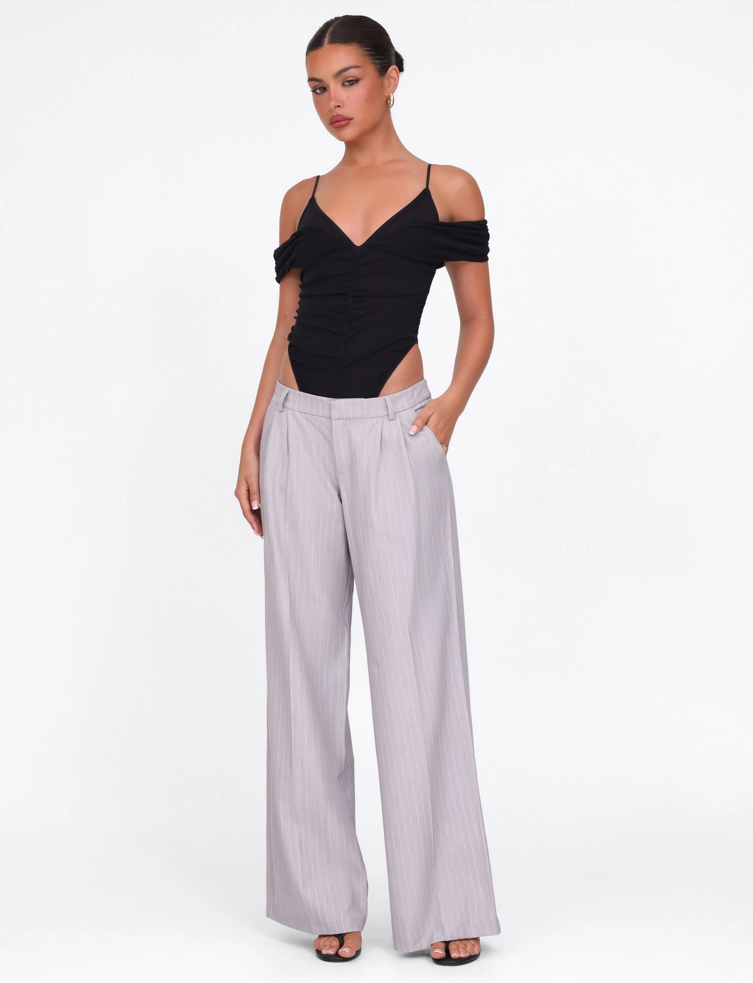 Elegant Mature AMBERLY SUIT PANT - GREY : PINSTRIPE : GREY PINSTRIPE