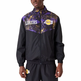 New Era Mens Los Angeles Lakers All Over Print Full Zip Track Jacket - Black Plaid Print Stand Up Collar