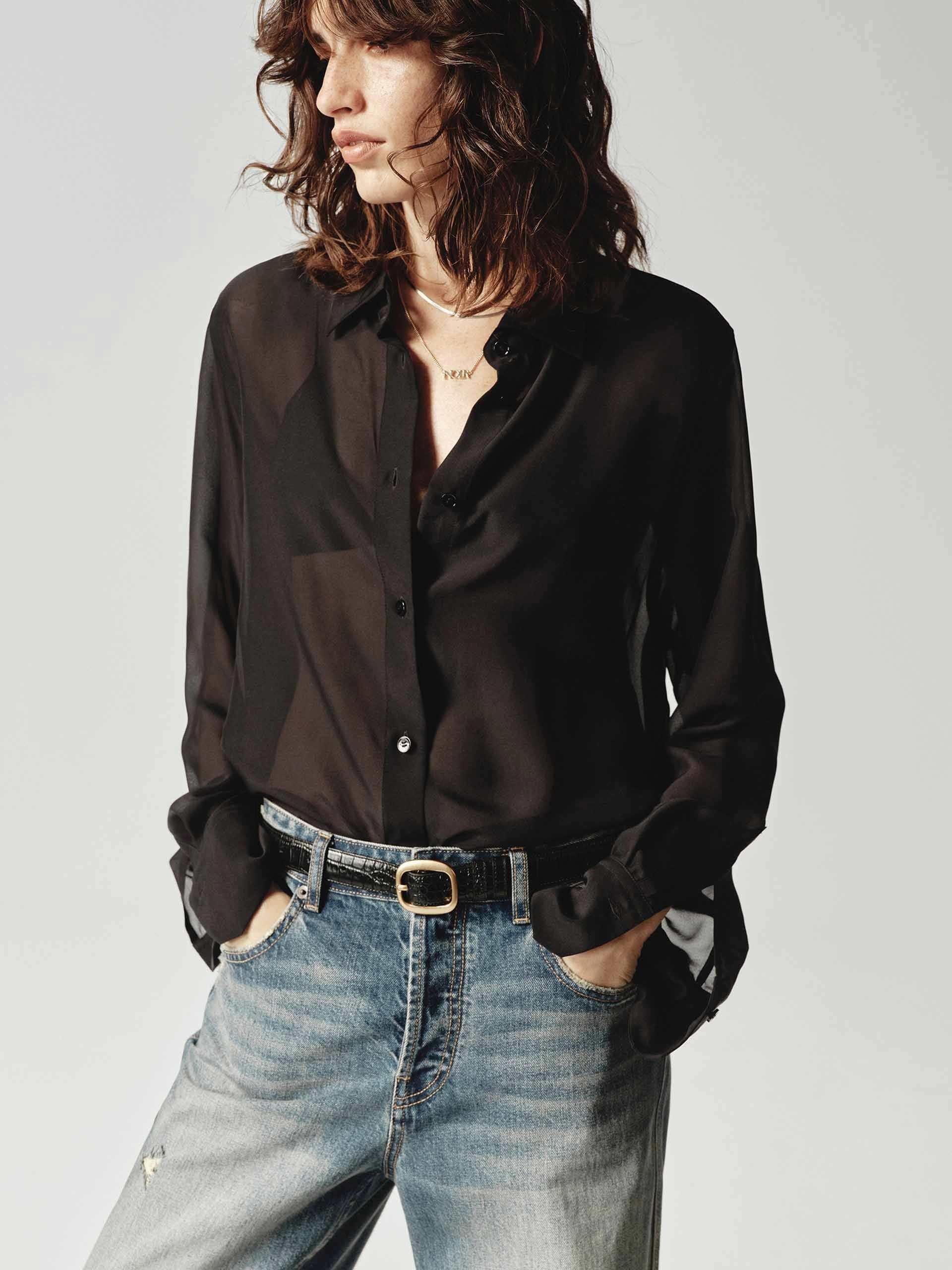 Durable Material Black Silk Sheer Shirt