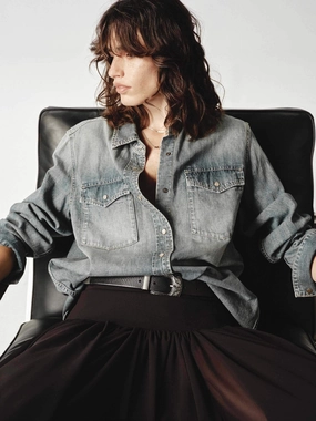 Cotton Vintage Denim Shirt Ruffle Edge