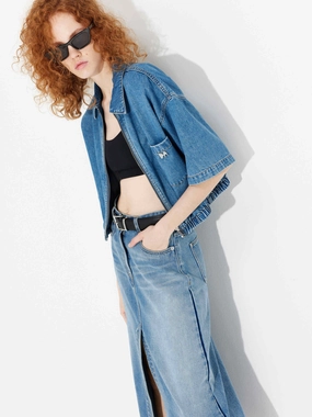 High Collar Design Cropped Denim Jacket