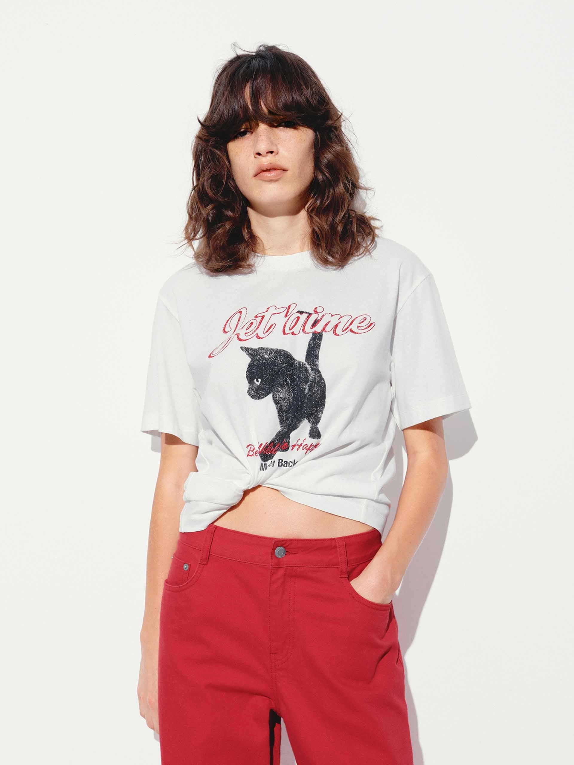 Cat Printed Round Neck T-shirt Functional Fashion Tagless Design