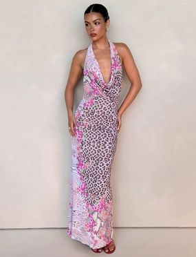 Timeless Appeal CATALINA MAXI DRESS - NEUTRAL : ANIMAL : ANIMAL FLORAL BORDER