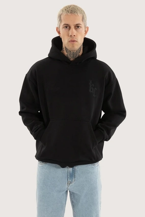 Chained Relaxed Hoodie Jet Black Double Layered Collar