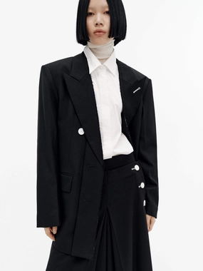Contrast Button Wool Blazer Notch Lapel Minimal Travel Look