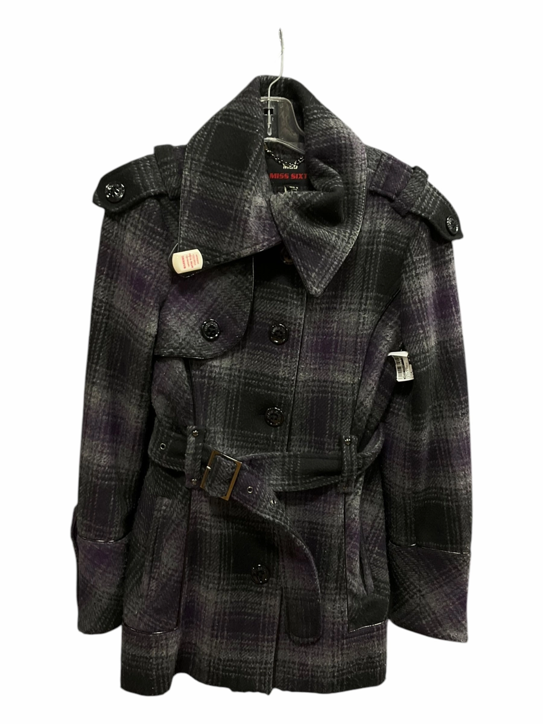 Rubberized Trims Rain Guard Coat Wool By Miss Sixty In Black & Purple, Size: M
