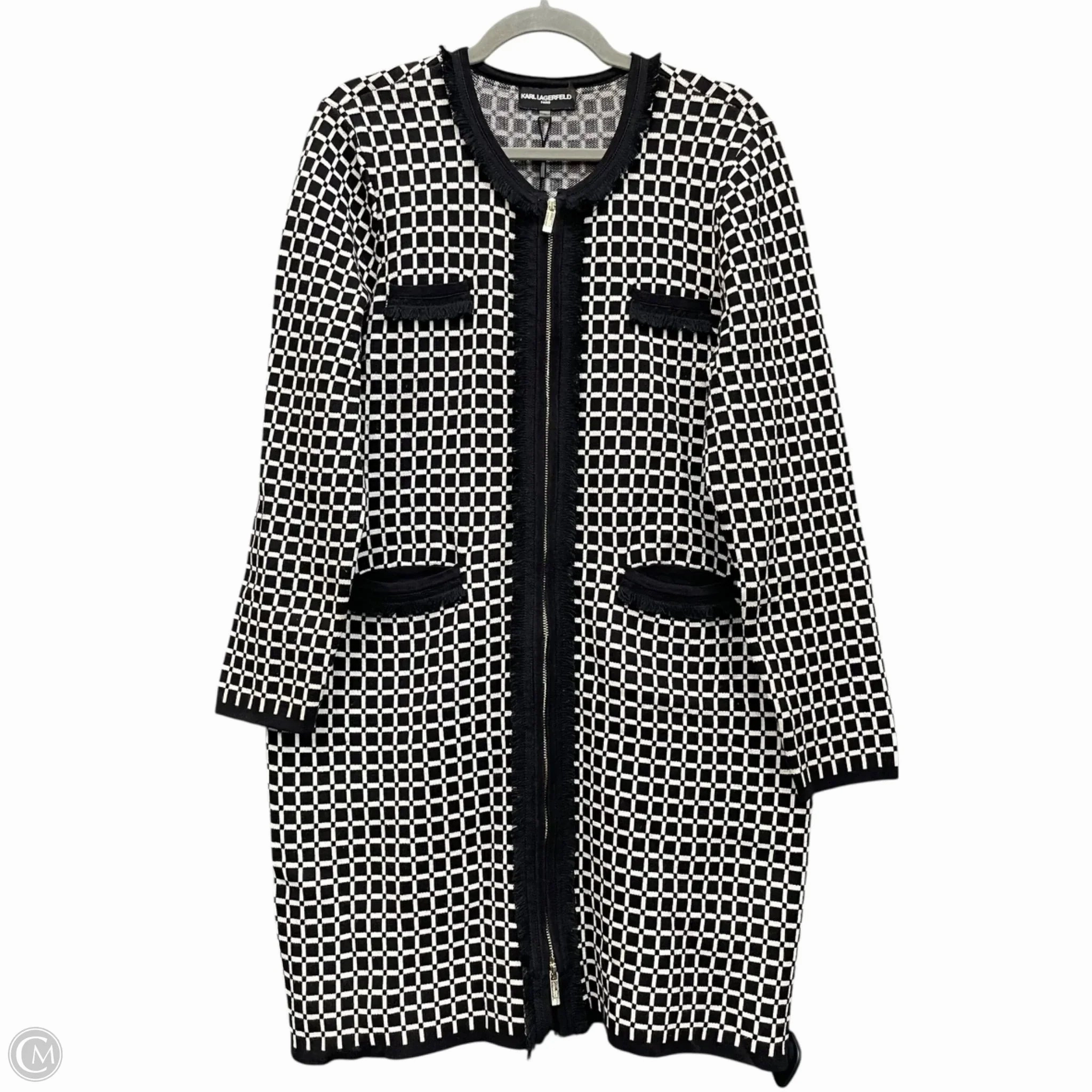 Timeless Piece Two Tone Design Coat Designer By Karl Lagerfeld In Black & White, Size: L