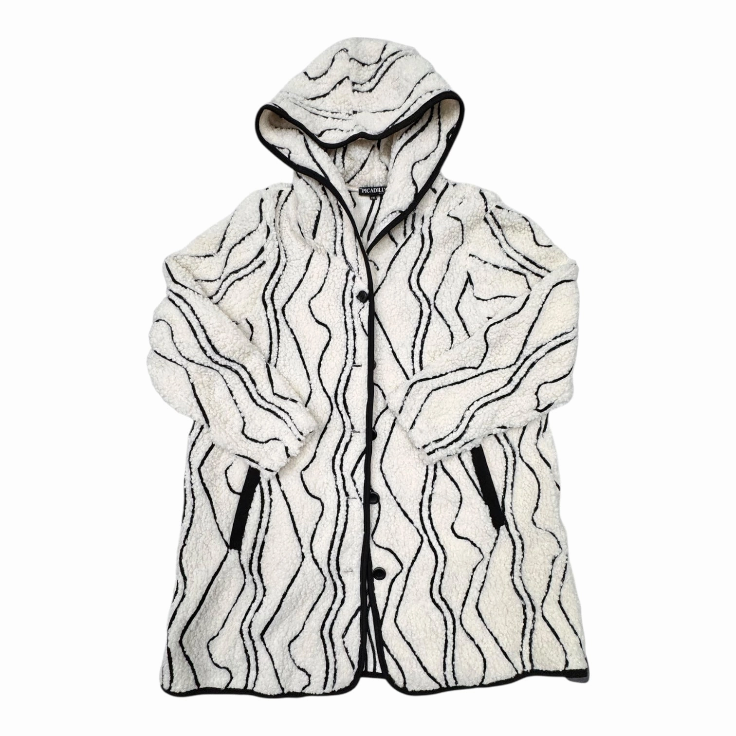 Coat Faux Fur & Sherpa By PICADILLY In Black & Cream, Size:Xxl Adjustable Hem Lock System