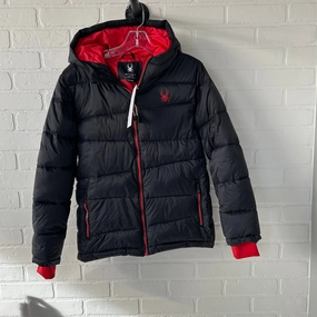 Vegan Leather Accents Abrasion Resistant Fabric Coat Puffer & Quilted By Spyder In Black & Red, Size: L