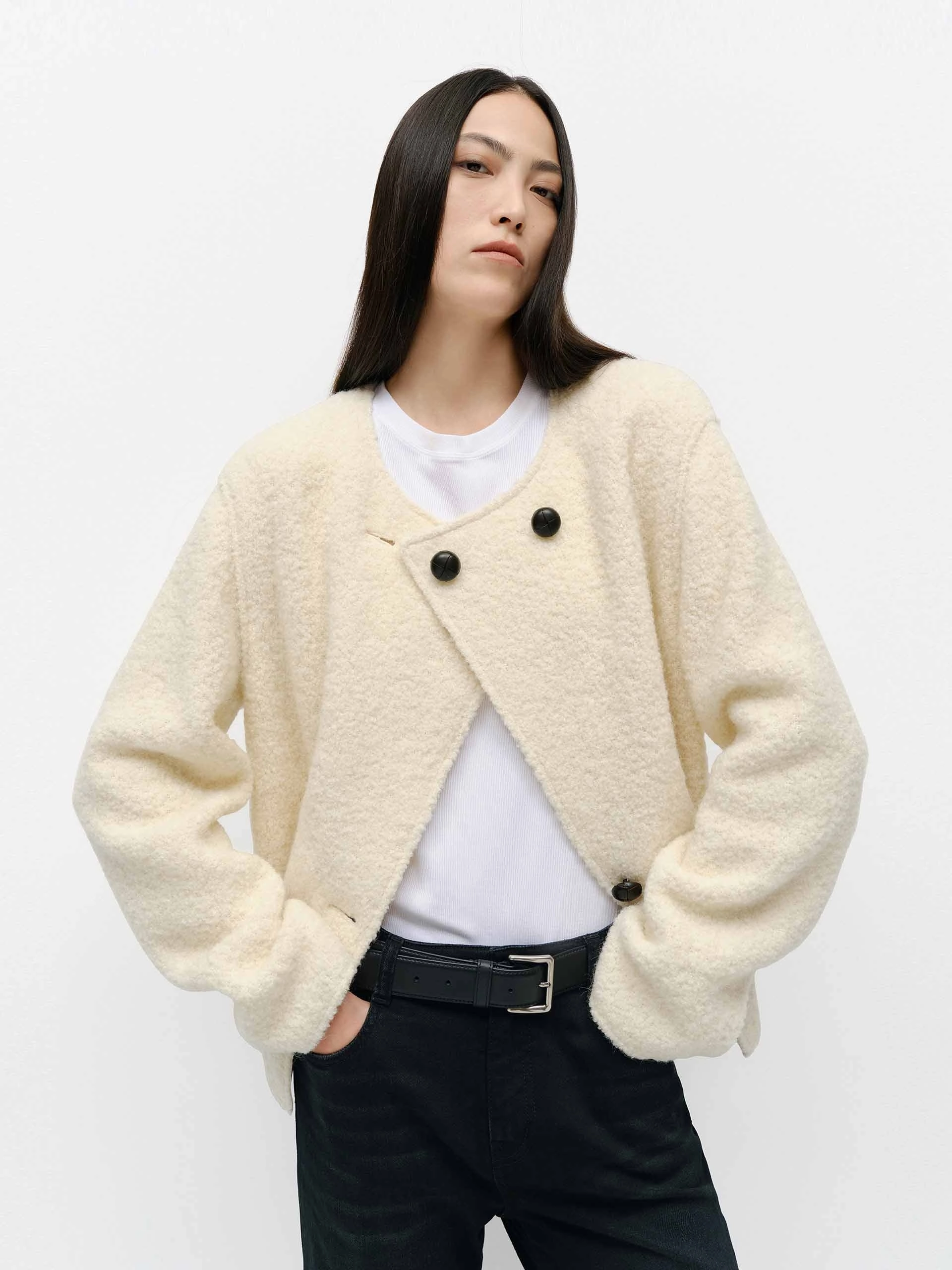 Collarless Boucle Knit Coat Hike Fit
