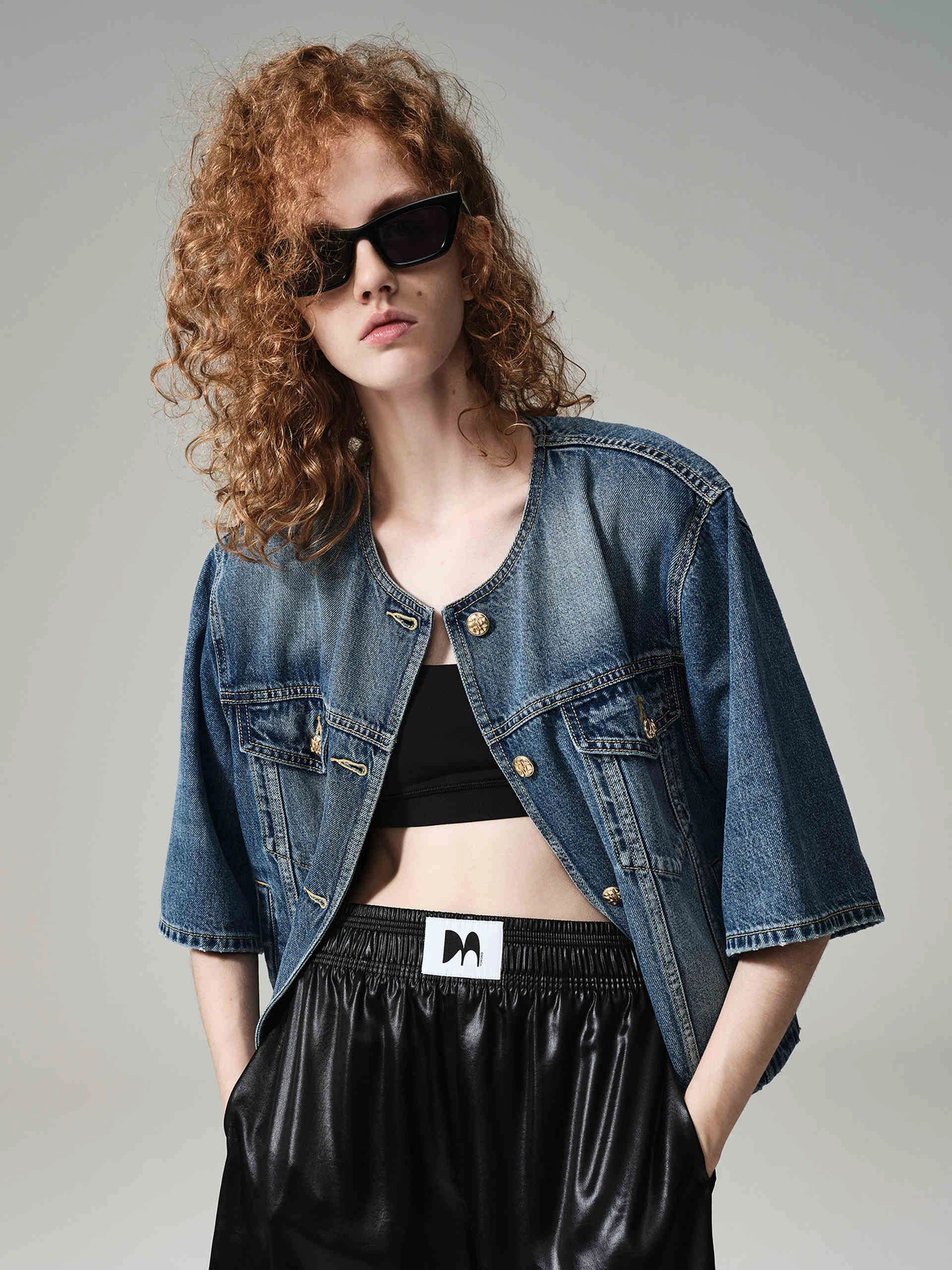 Collarless Denim Jacket Bomber Cut Elastic cuffs