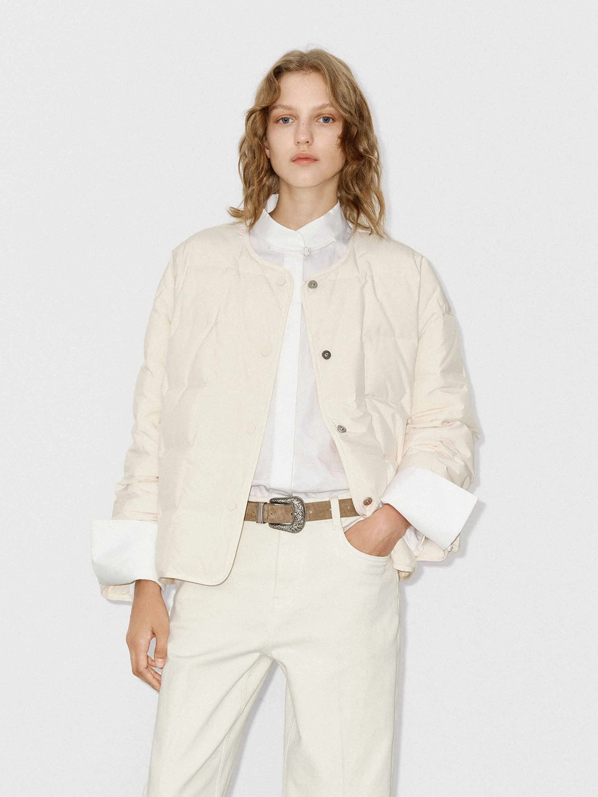 Collarless Quilted Puffer Jacket All weather ReflectiveTrimDetails
