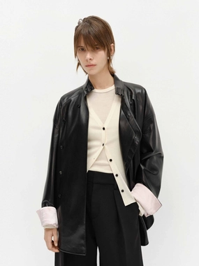 Faux Leather Loose Coat SlimSilhouette wrinkle free finish