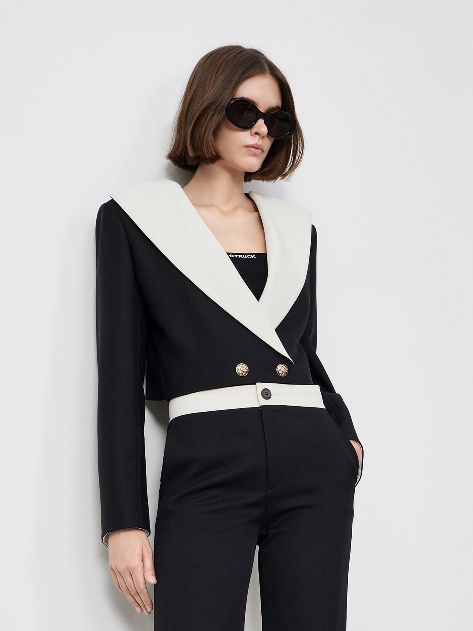 Contrast Lapel Cropped Coat Teflon Finish