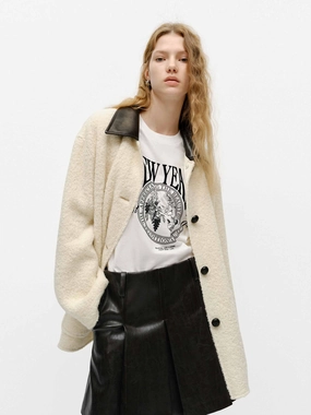 Leather Collar Midi Coat Flexible Fleece Lining