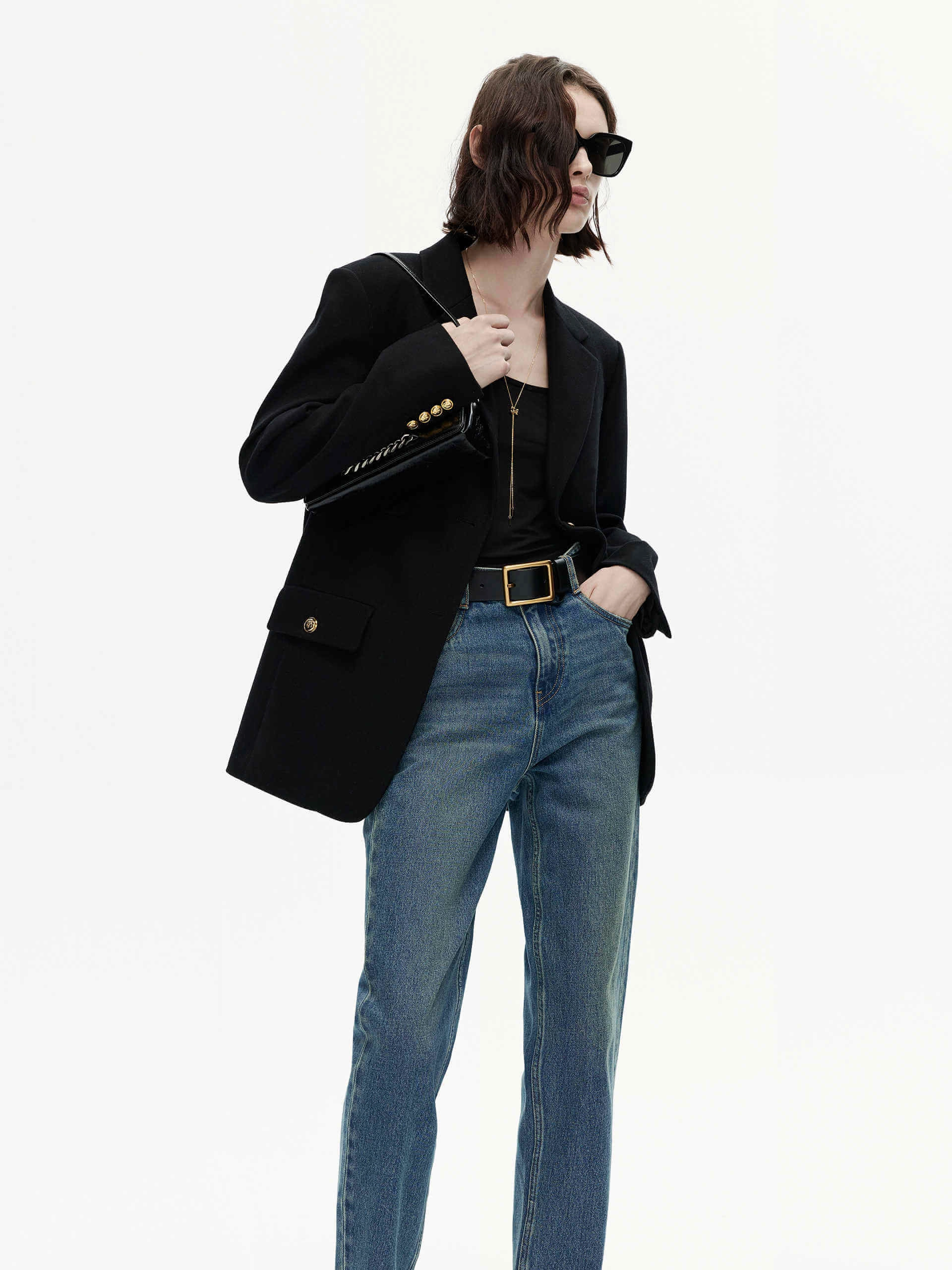 ElasticCuffs Metallic Button Wool Blazer