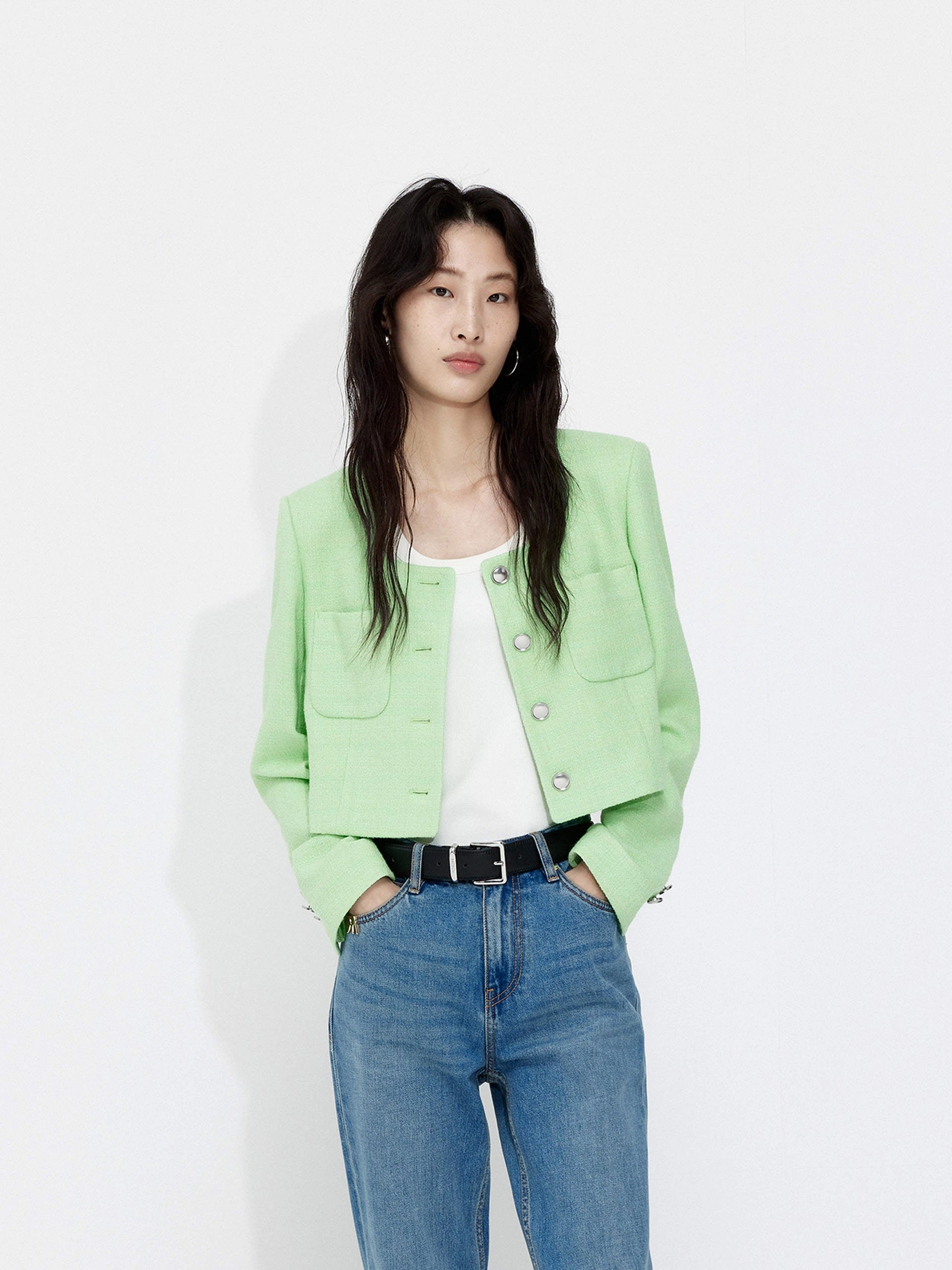 Crisp Layer Utility Inspired Look Cropped Boxy Texture Jacket