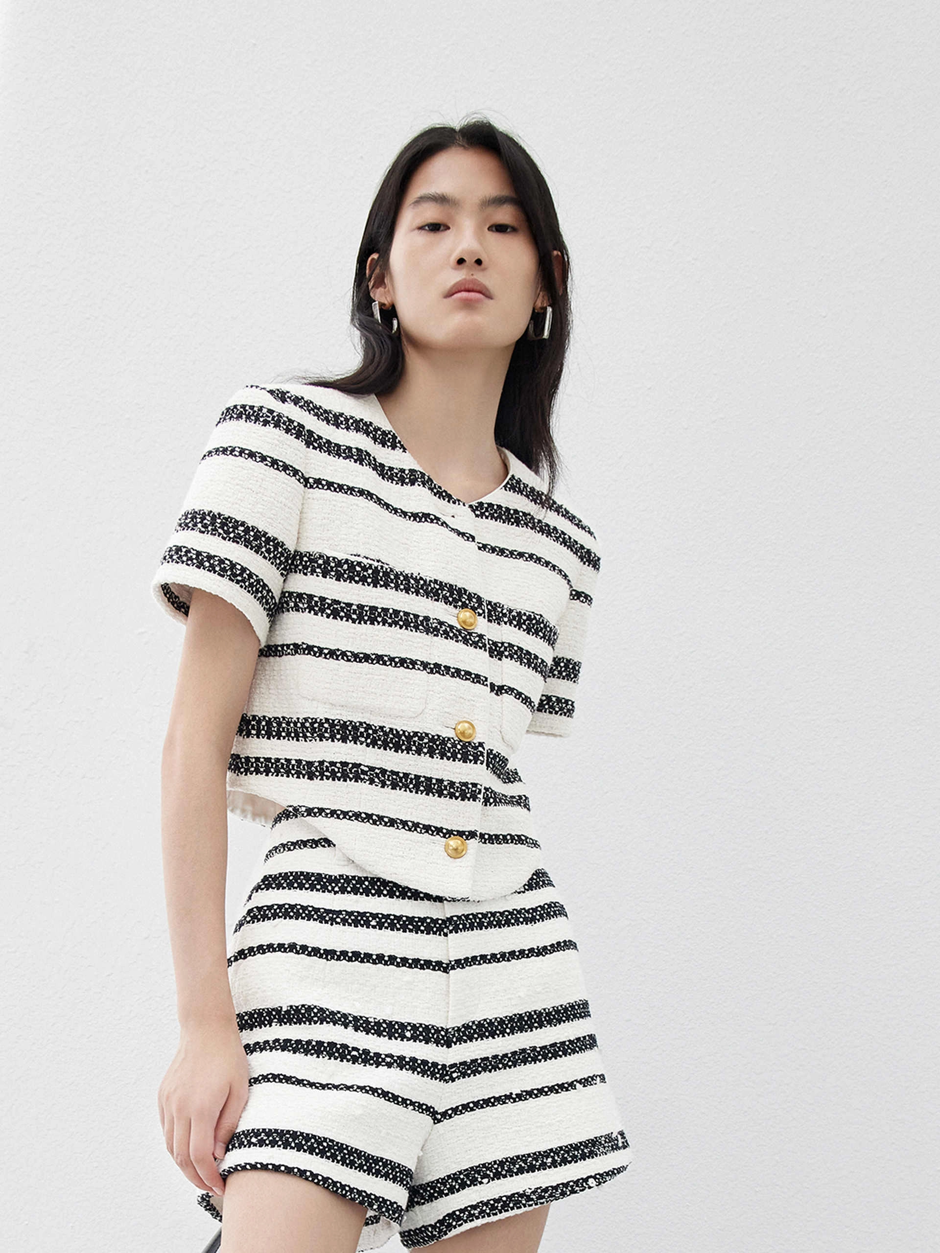 All Day Comfort Design NonRestrictiveCut Cropped Tweed Striped Jacket