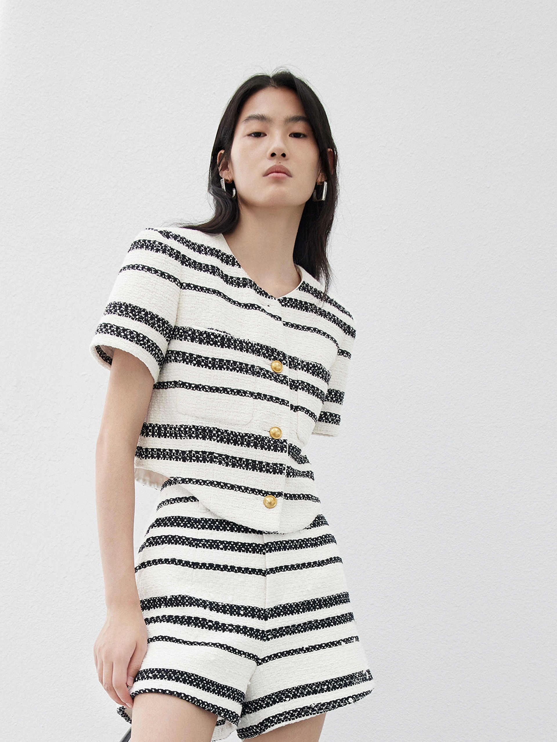 Cropped Tweed Striped Jacket Active Wear