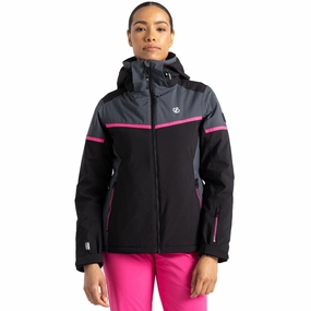 Dare 2b Womens Carving Hooded Waterproof Thermal Ski Jacket - Black/Ebony NonRestrictive Cut All Weather Protection