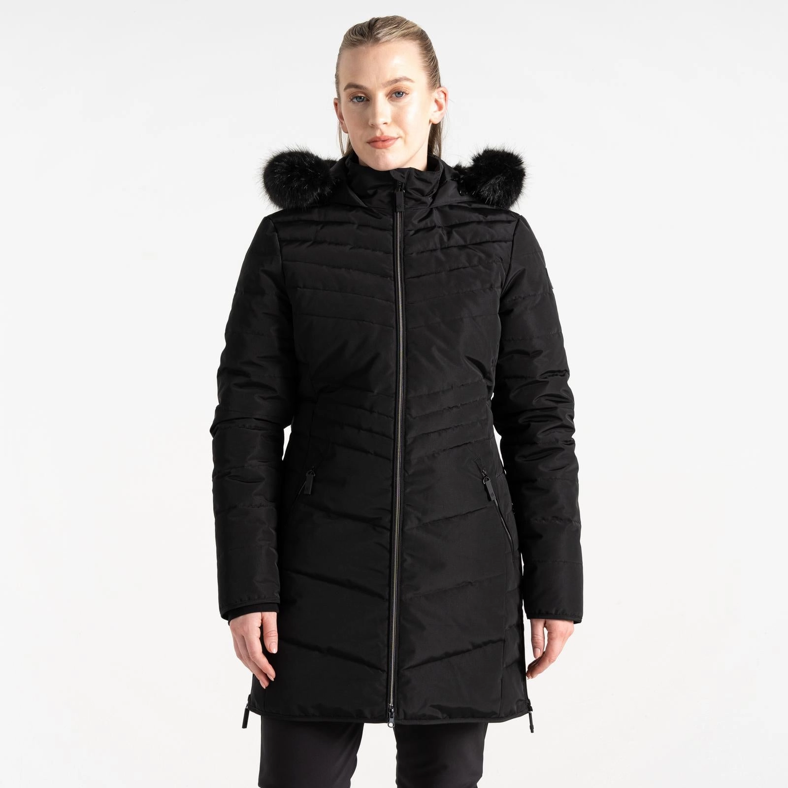 Impact Absorbing Back Panels Dare 2b Womens Striking IV Faux Hood Waterproof Longline Jacket