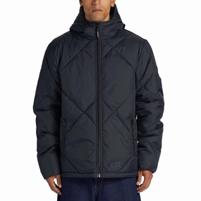 Detachable Layers Checkered Style DC Shoes Mens Passage Hooded Padded Puffer Jacket - Black