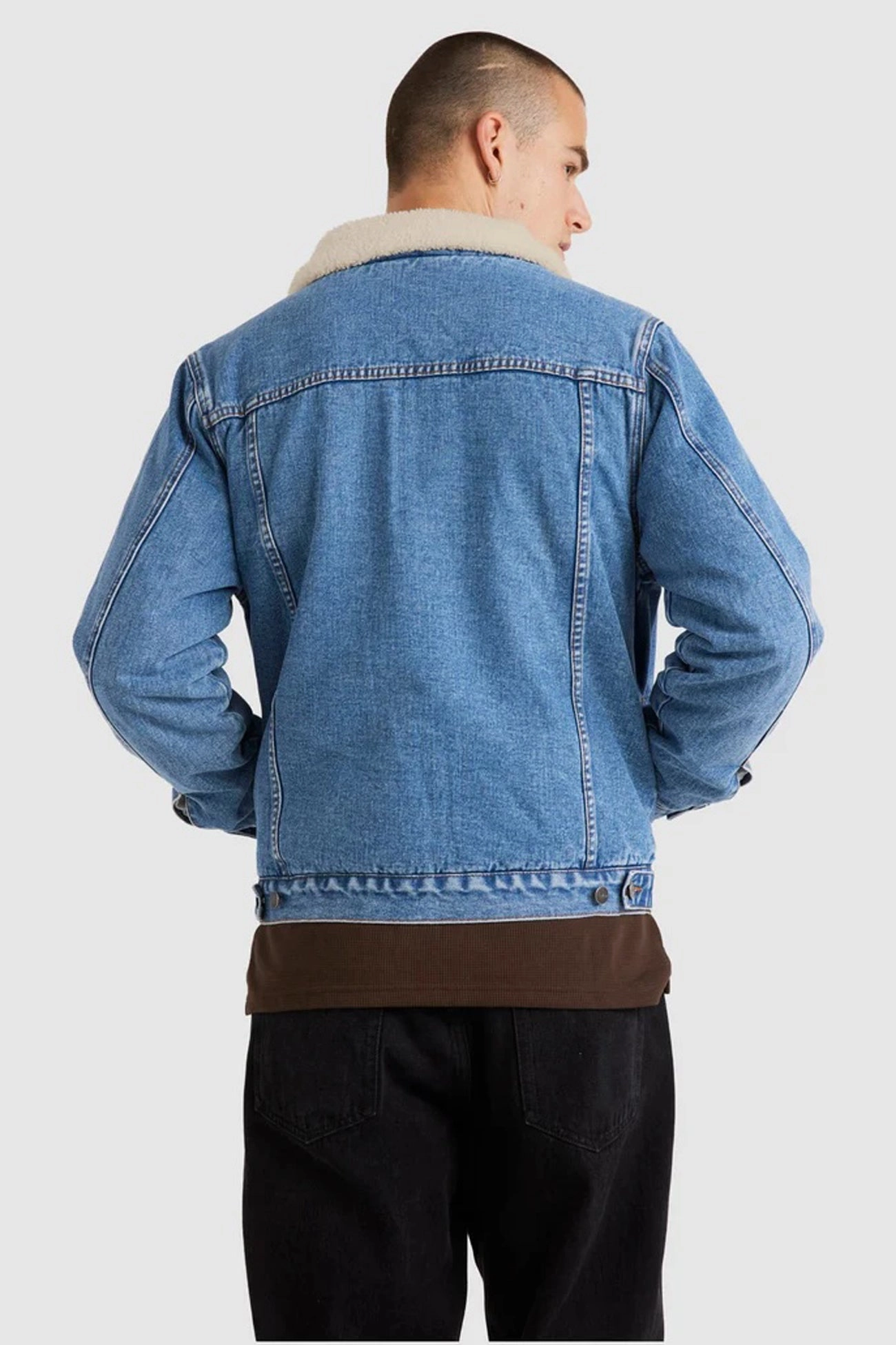 Flex Fit Fabric Snap Closures Denim Sherpa Trucker Jacket Vintage Blue