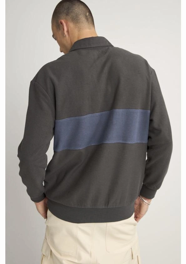 Urban Edge Reinforced Seams Terry Vintage Long Sleeve Rugby Shirt Charcoal