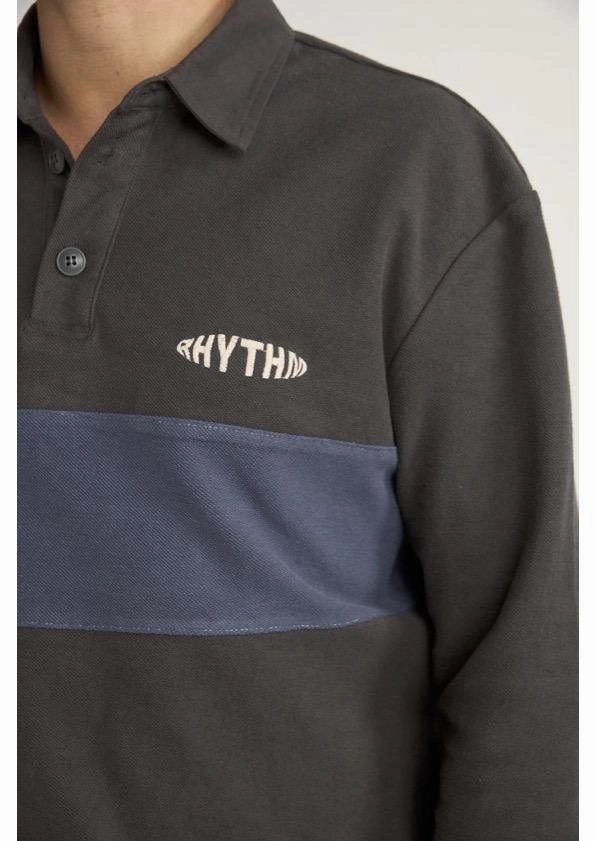 Windproof Construction Chill Look Terry Vintage Long Sleeve Rugby Shirt Charcoal