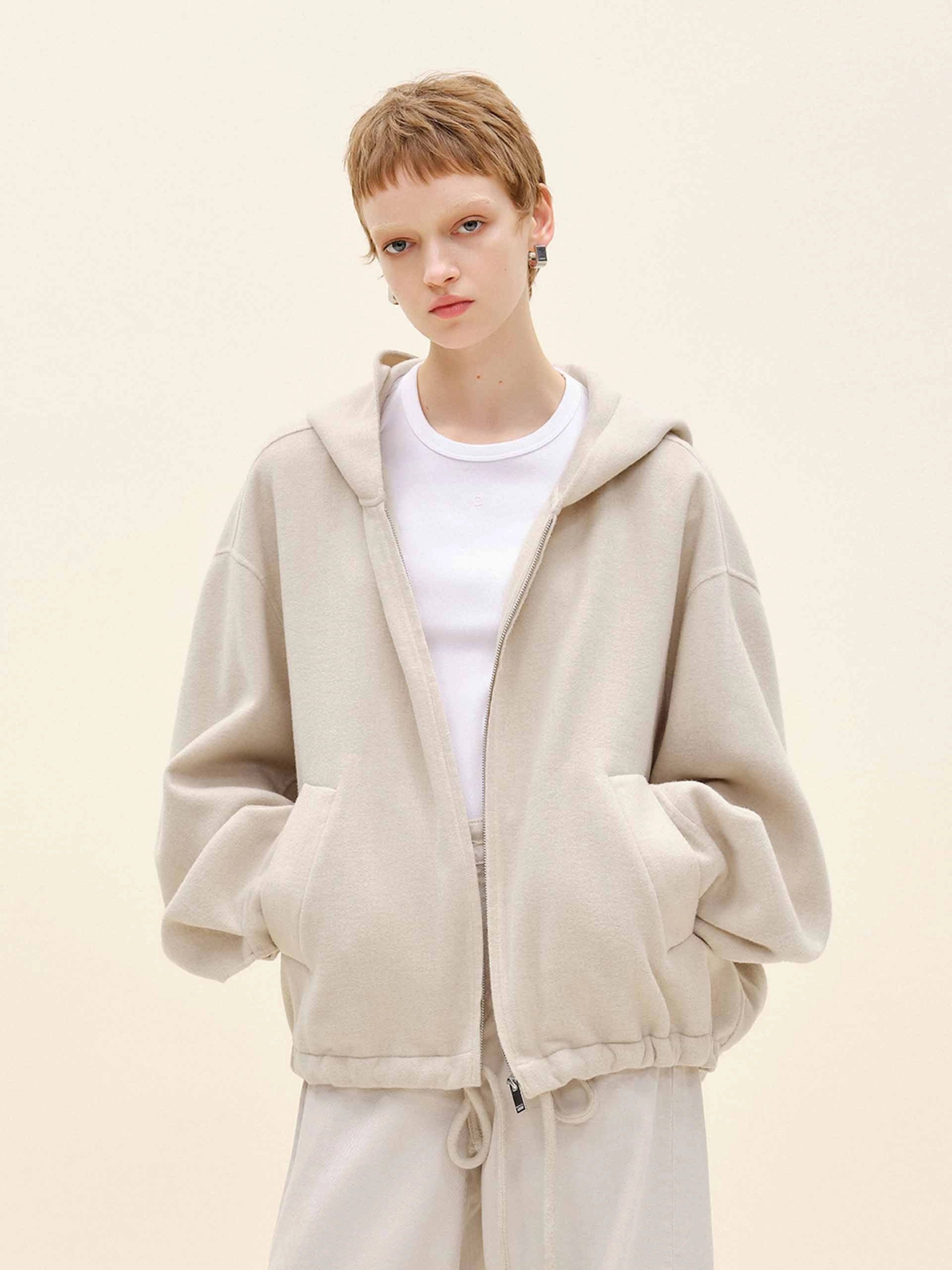 Drawstring Hem Hooded Coat Button Closure