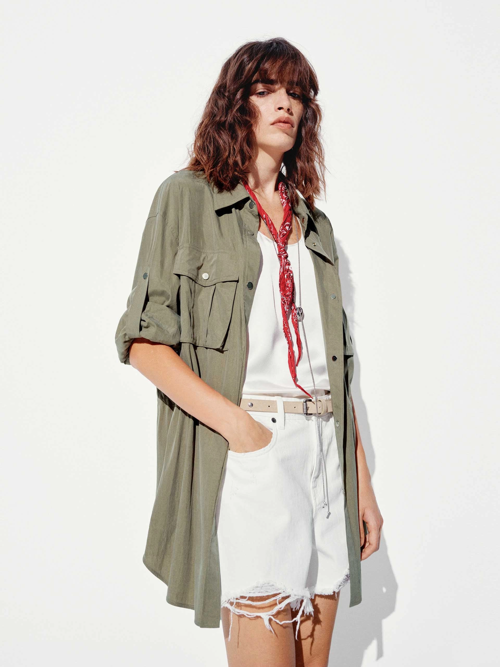 Elastic Waist Cargo Jacket High Collar Oversized Fit