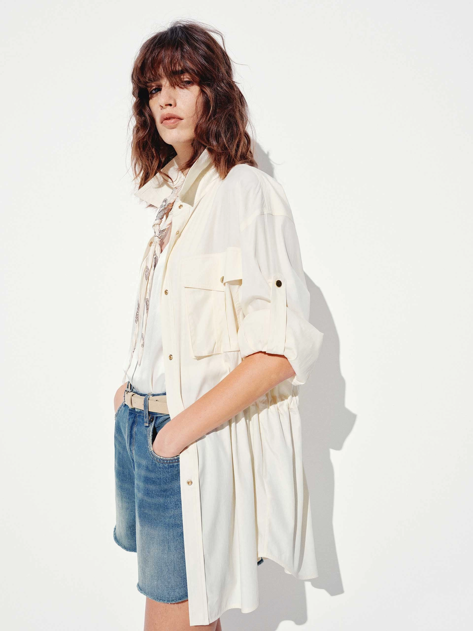 Elastic Waist Cargo Jacket RubberizedButtonClosures