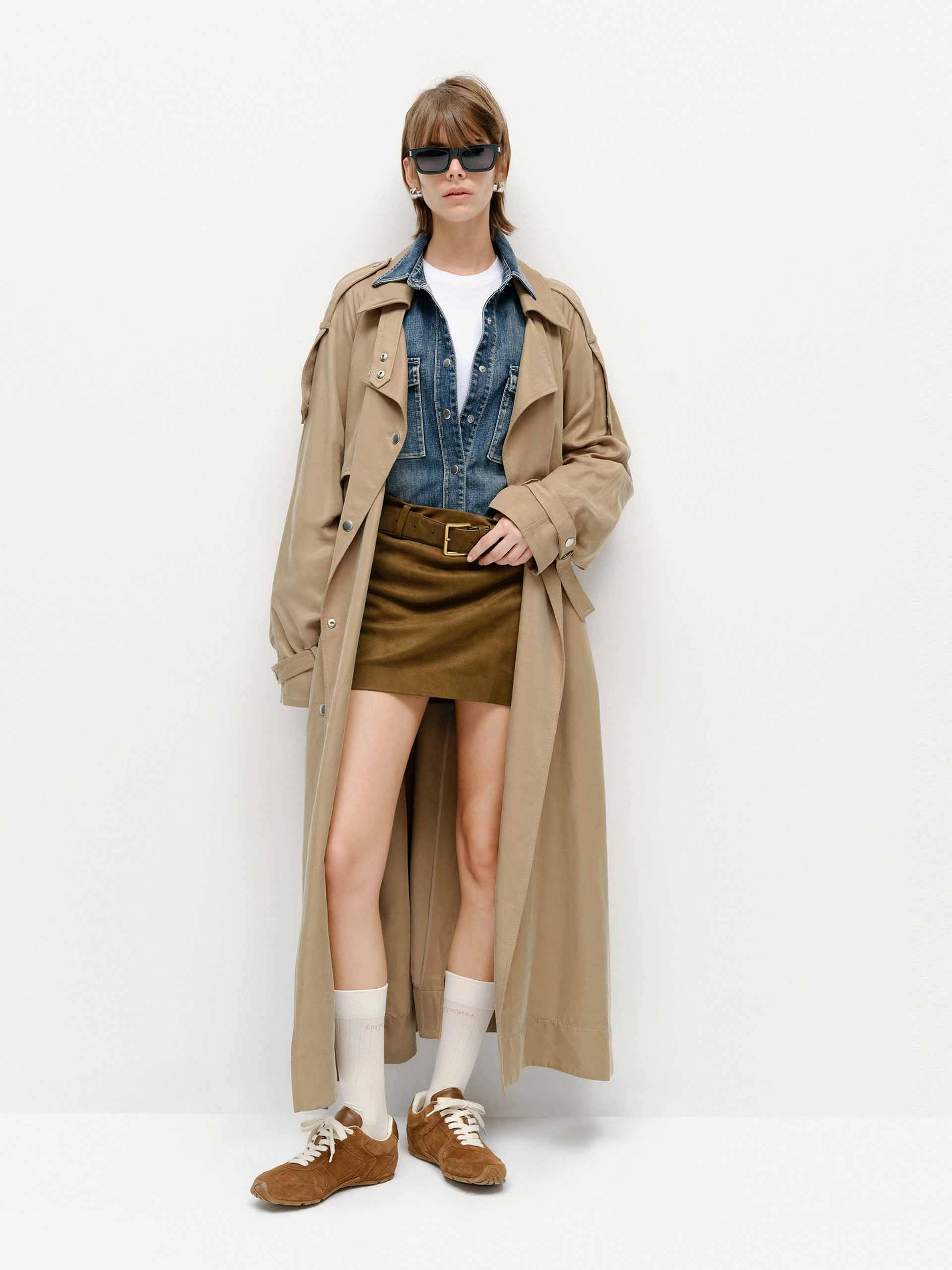 Belted Longline Trench Coat Non Chafing Neckline Windbreaker Style