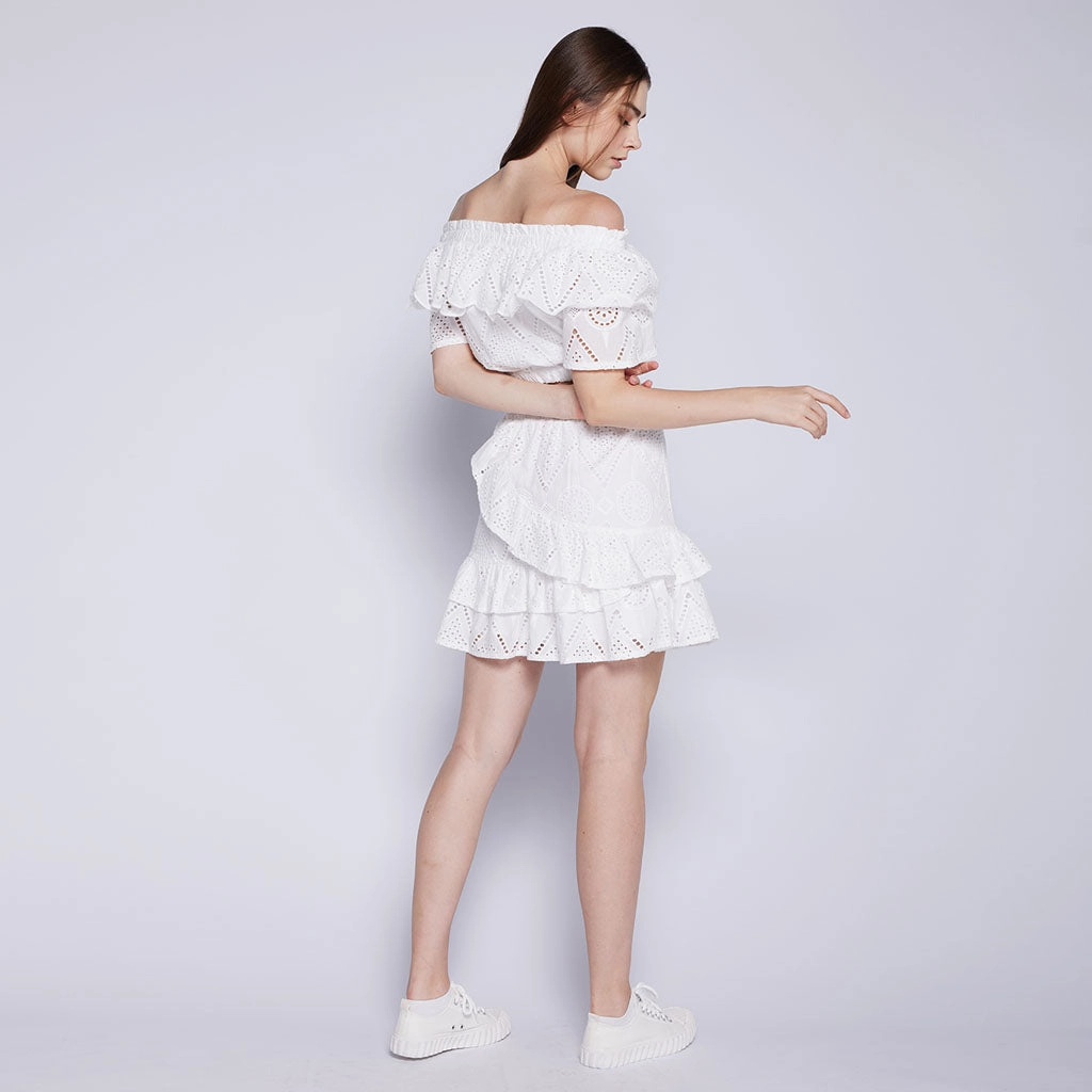 Eyelet Skirt Ruffled Trim Abstract Motif Layered Structure