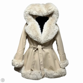 Faux Leather Belted Swing Coat with Faux Fur Hood By Gran Oriente In Cream, Size: L Windproof Material Detachable Layer
