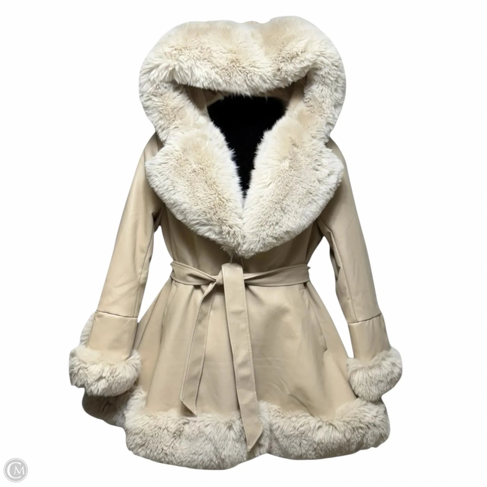 Faux Leather Belted Swing Coat with Faux Fur Hood By Gran Oriente In Cream, Size: L Windproof Material Detachable Layer