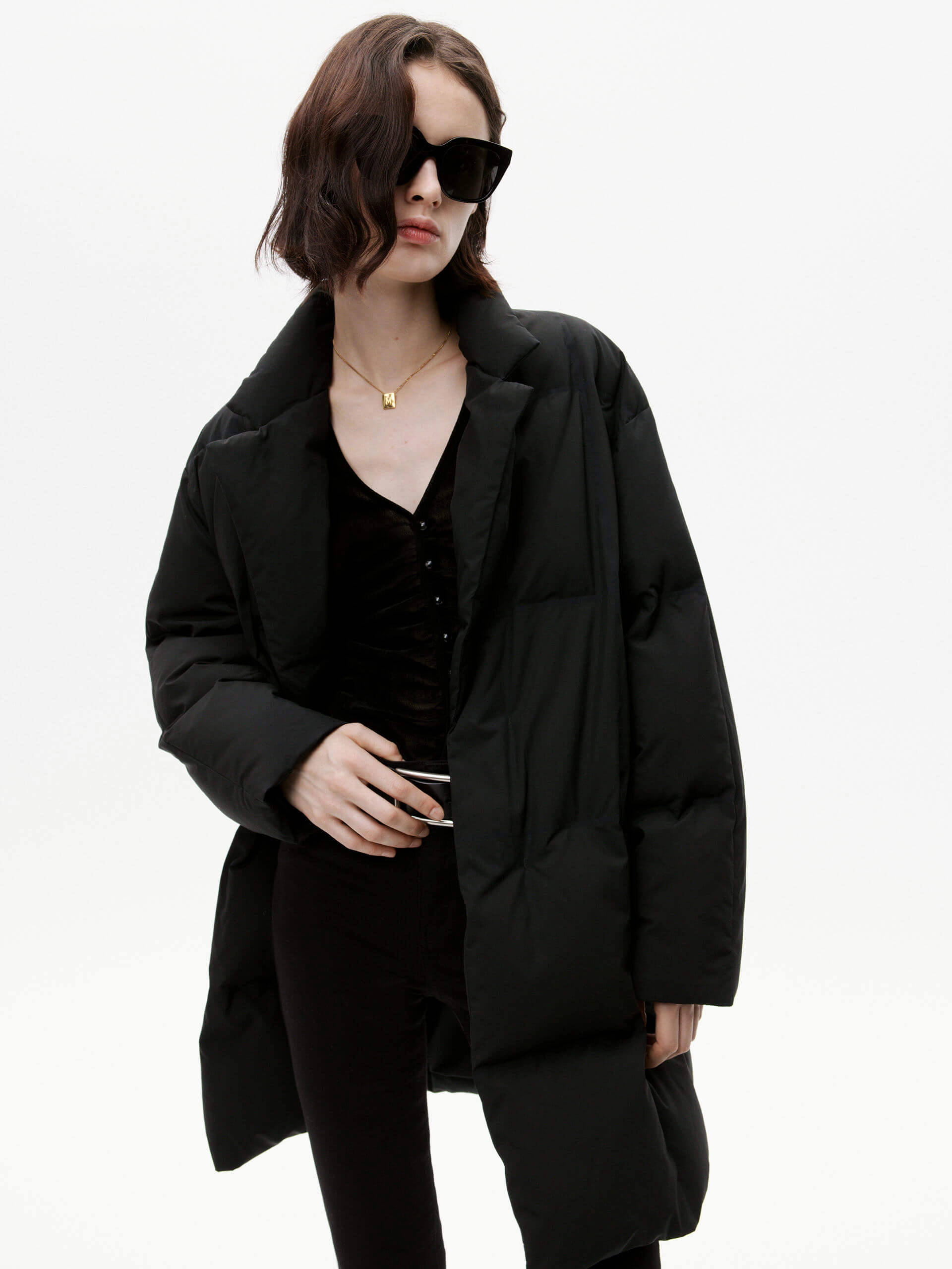 Heat Resistant Fabric Flat Collar Mid Puffer Coat
