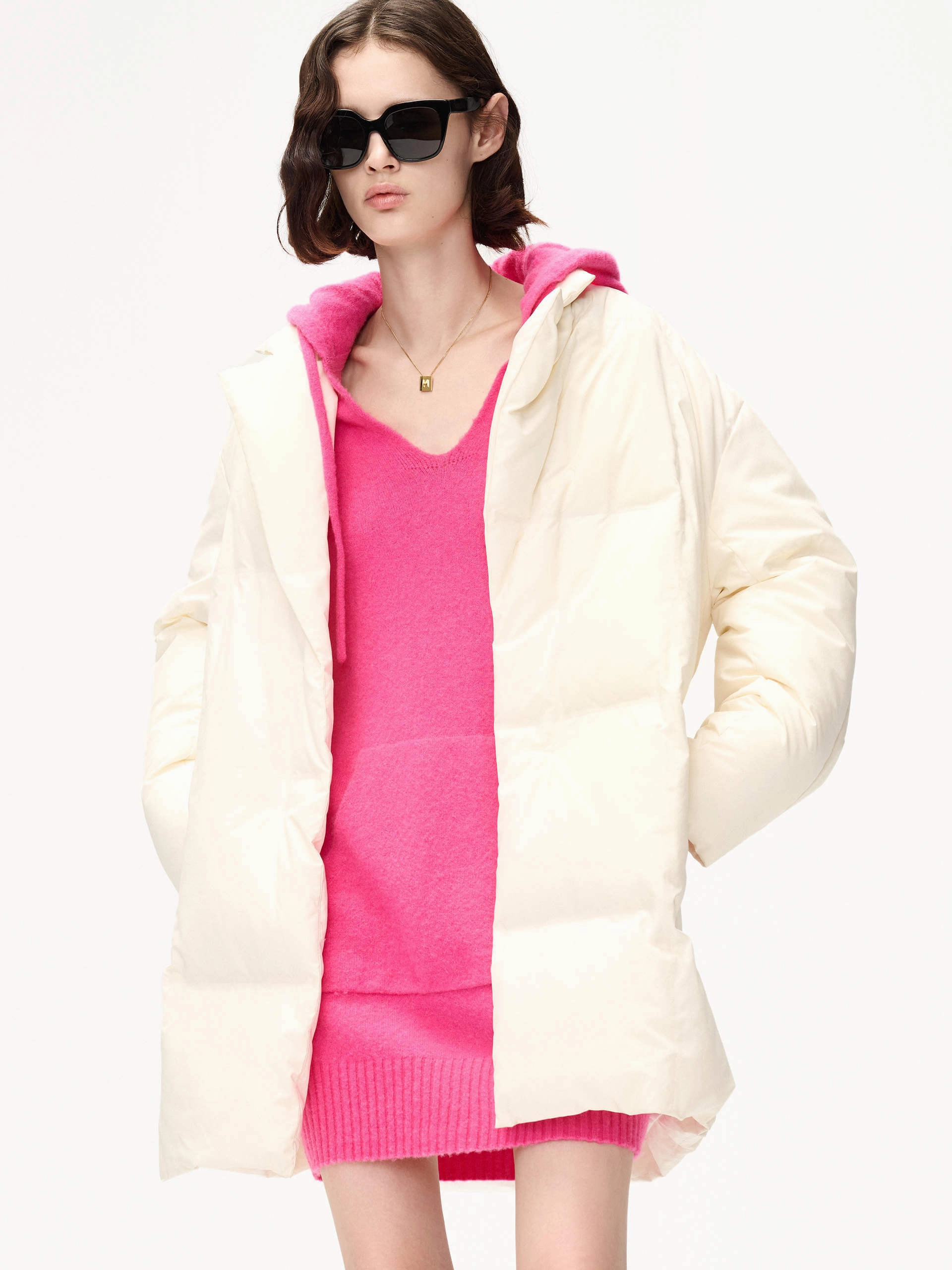 Flat Collar Mid Puffer Coat QuickDry Fabric