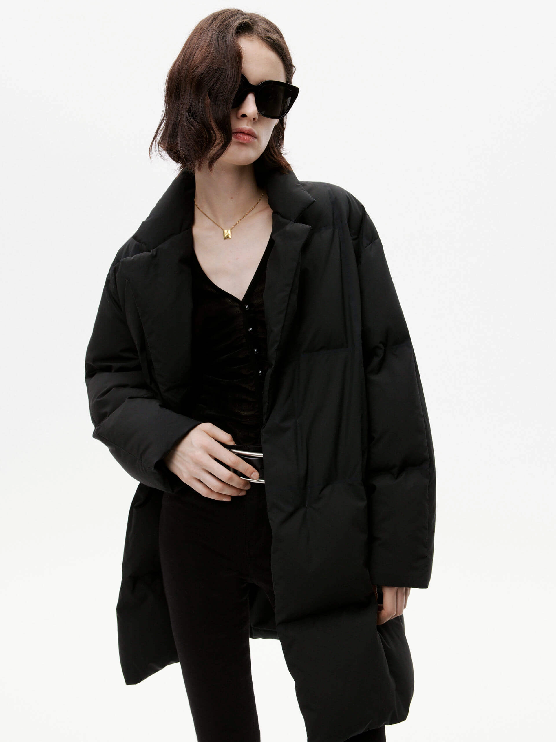 Adjustable Cuff Double Layer Protection Flat Collar Mid Puffer Coat