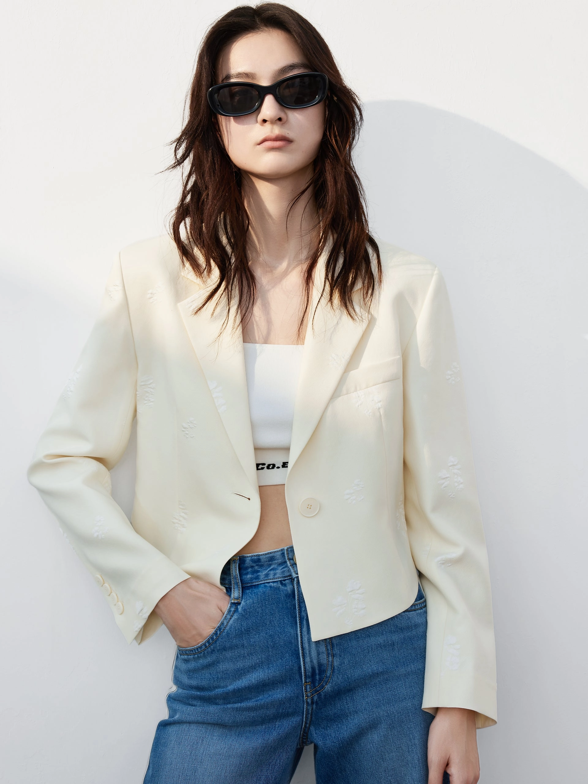 Floral Jacquard Cropped Jacket Soft Touch Texture