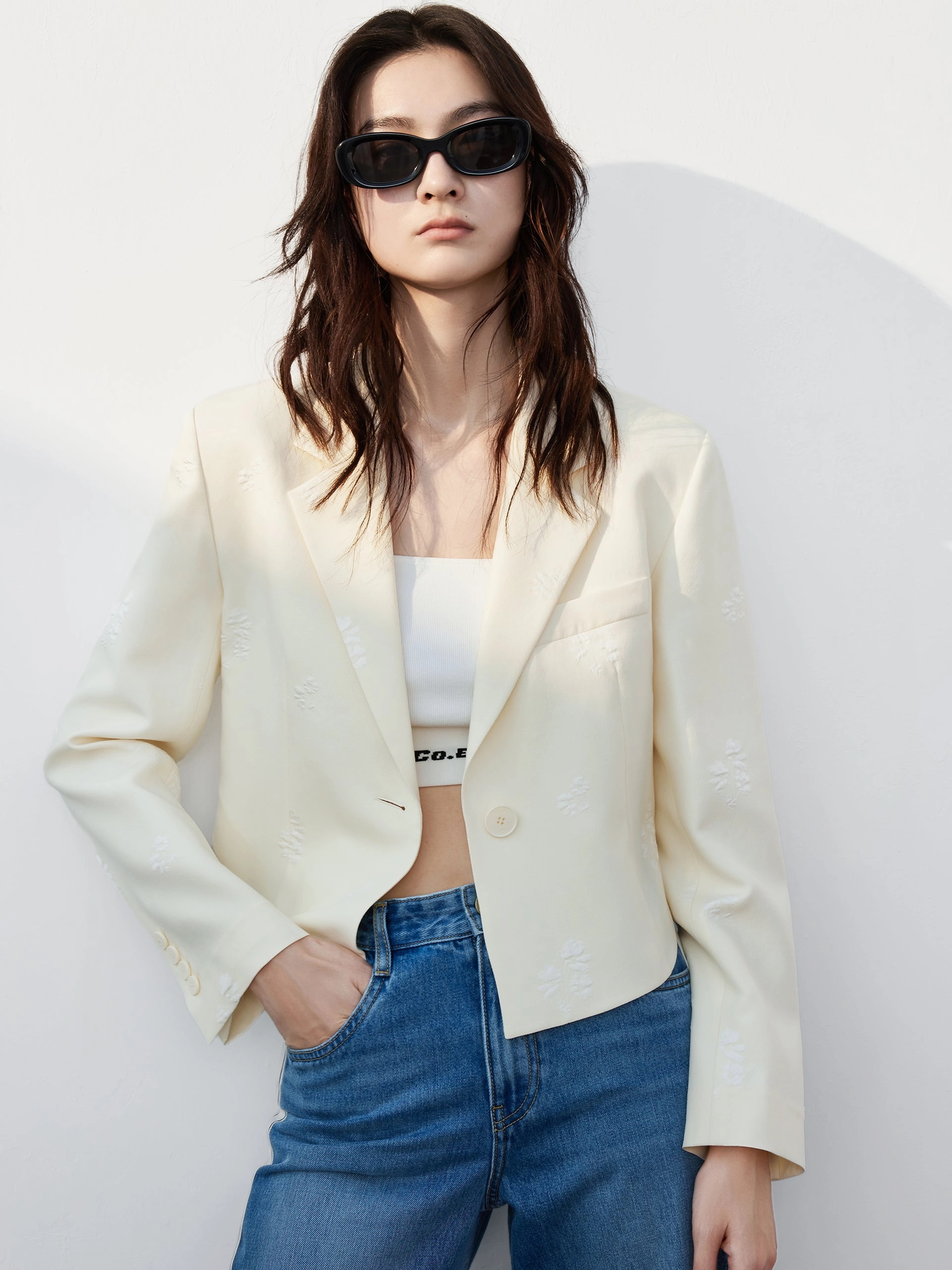 Floral Jacquard Cropped Jacket Functional Layer Piece Non Restrictive Movement