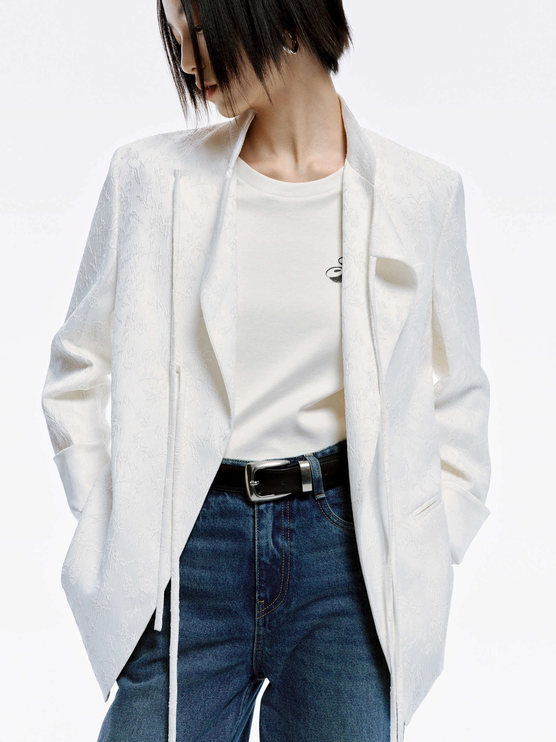Tie Detail Jacquard Blazer Button Closure