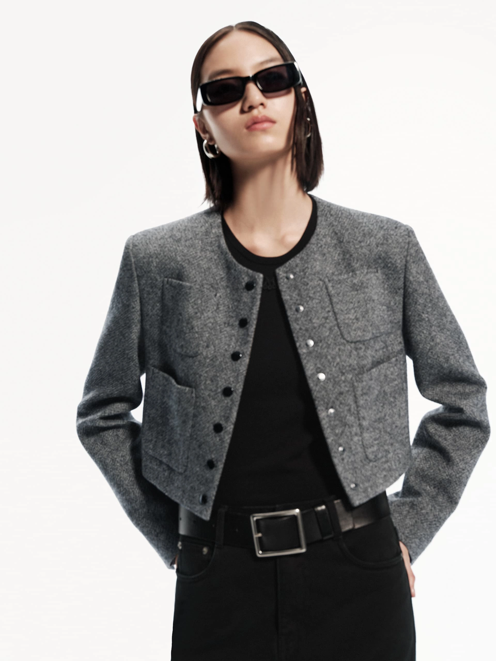 Front Pocket Cropped Jacket Flatlock Seam Construction
