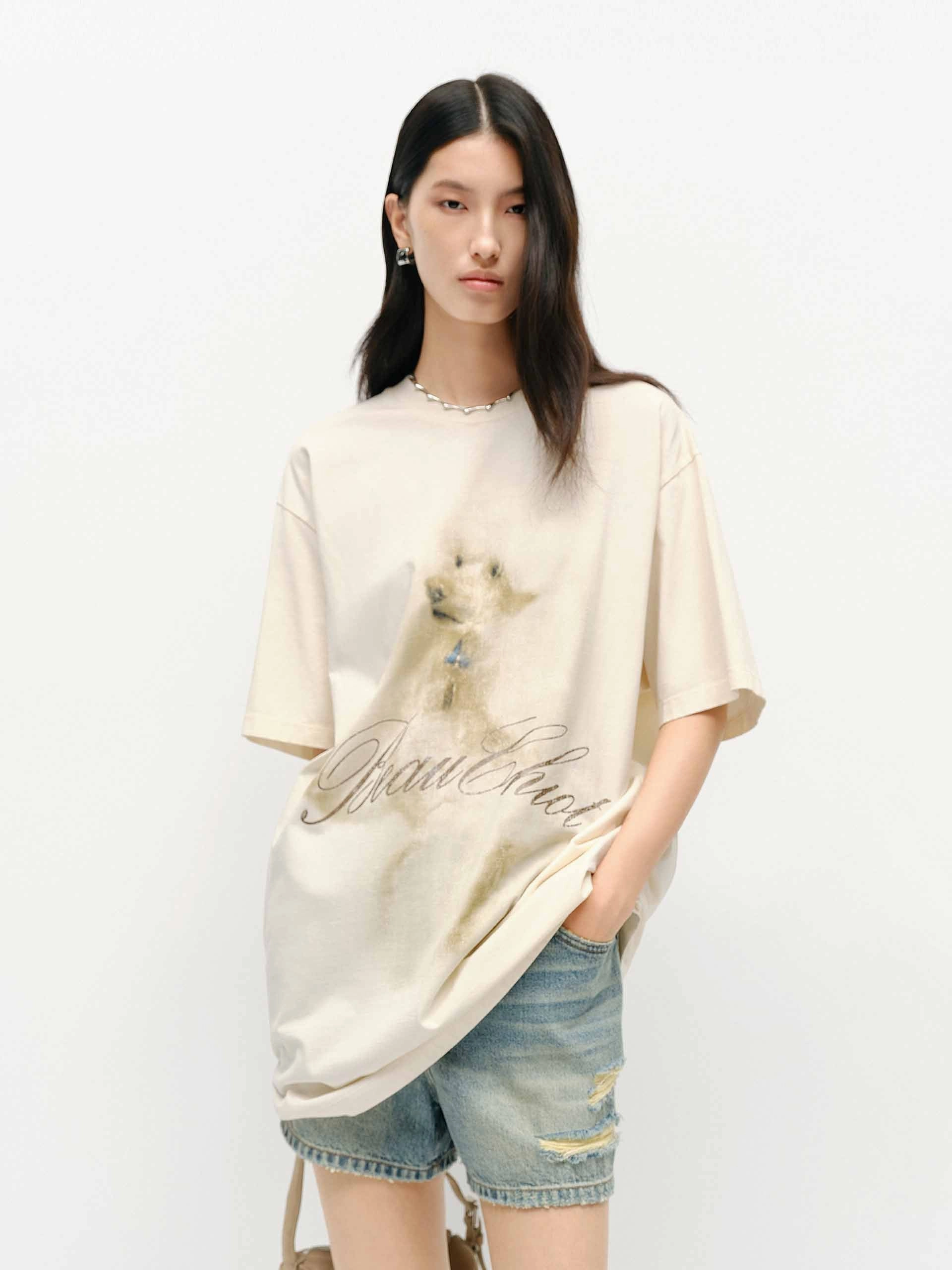 light layering Puppy Print Oversized T-shirt