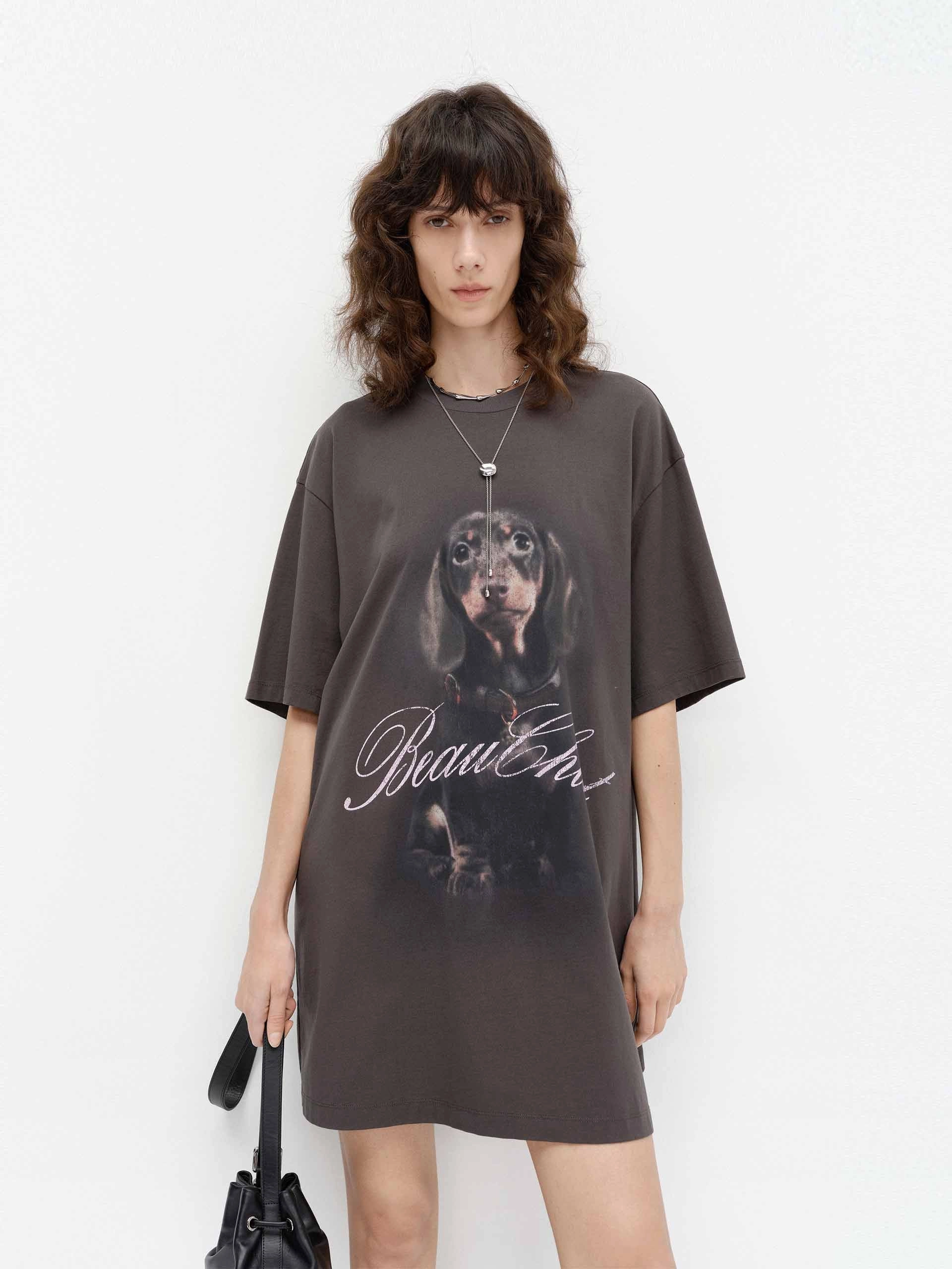 Puppy Print Oversized T-shirt Dimensional Stability Weave Ultra Soft Blended Textile