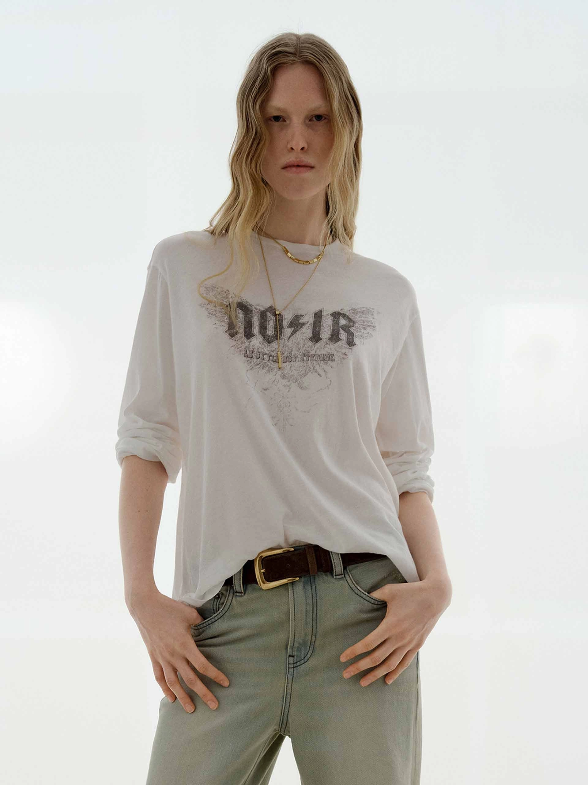 Reinforced Collar Long Sleeves Printed T-shirt