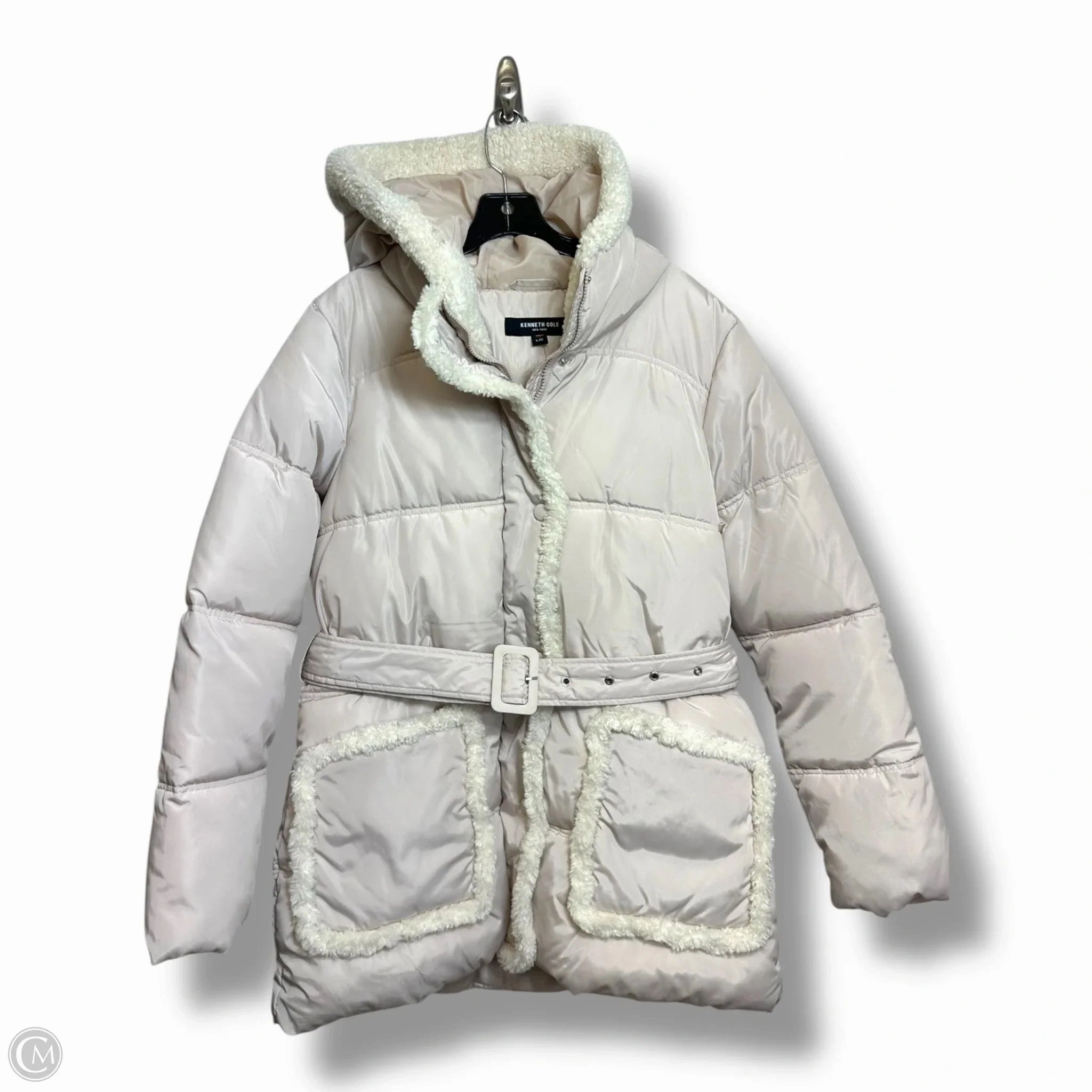 Coat Puffer & Quilted By Kenneth Cole In Ivory, Size: L Hooded Attachment