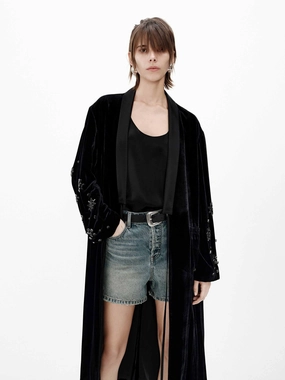 Faux Fur Collar Holiday Trip Crystal Detail Velvet Coat